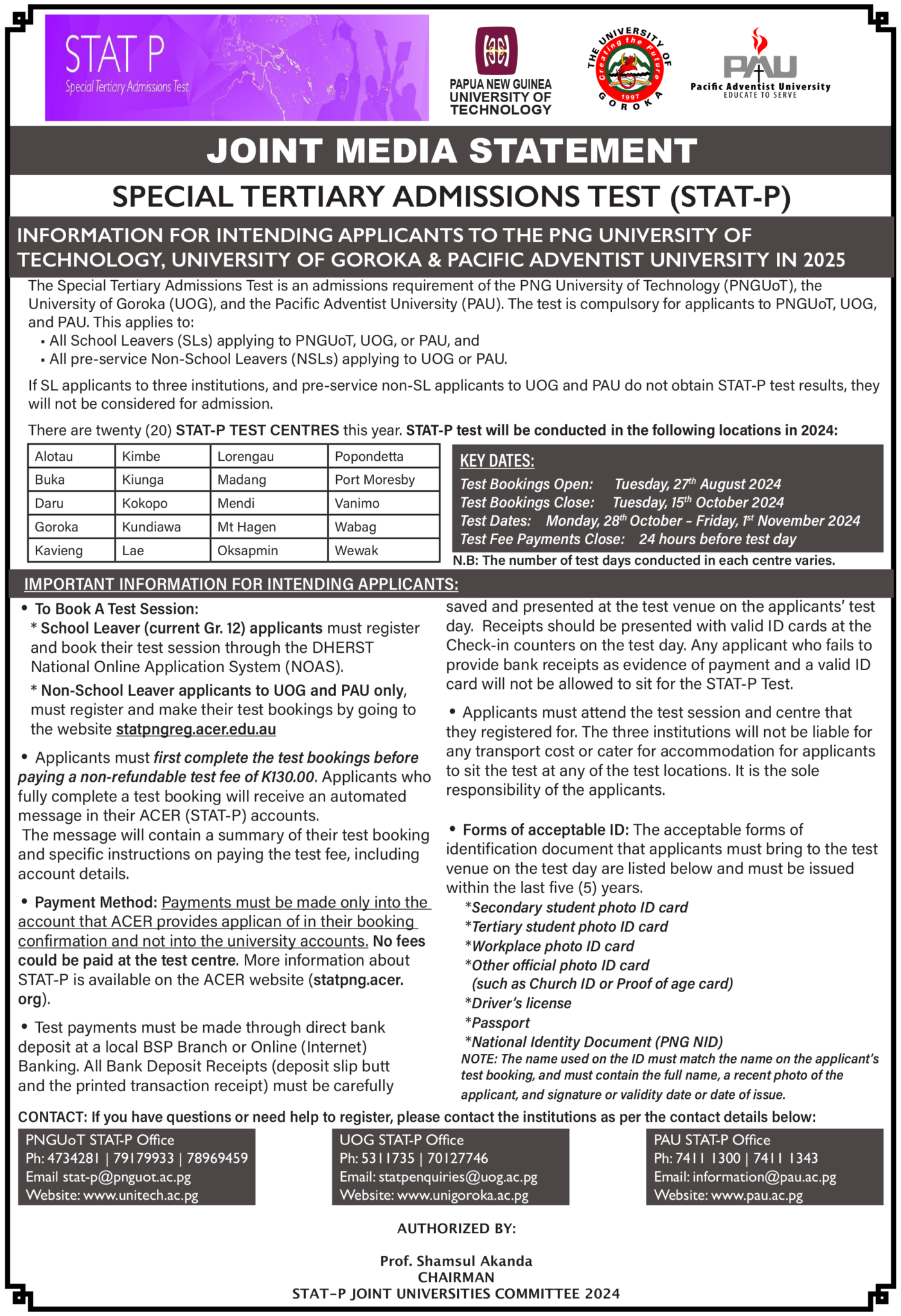 SPECIAL TERTIARY ADMISSIONS TEST (STATP) JOINT MEDIA STATEMENT